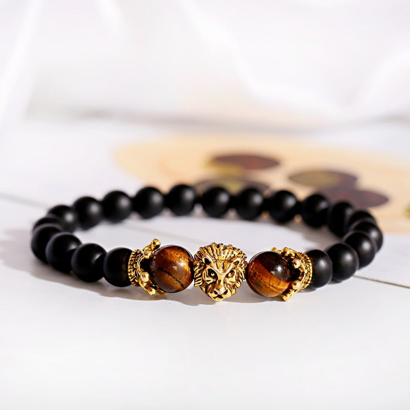 Classic Crown Lion Bracelet Men Fashion Tiger Eye Onyx Stone Handmade Beaded Charm Bracelet For Women Jewelry Pulsera Hombre