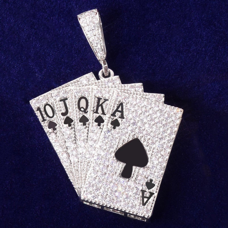 Poker Card Pendant Necklace Cubic Zircon Men&#39;s Hip Hop Rock Jewelry