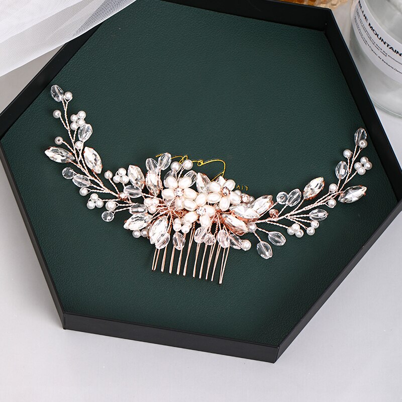 Fashion Rose Gold Wedding Hair Comb Flower Tiara Handmade Pearl Rhinestone Headdress Prom Bridal Hair Jewelr Accessories