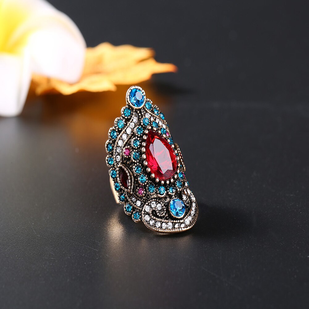 Luxury Simulated Zircon Rings Lady Women Vintage Style Jewelry Full Rhinestone Elegant Big Wide Blue Crystal Flower Ring Gift