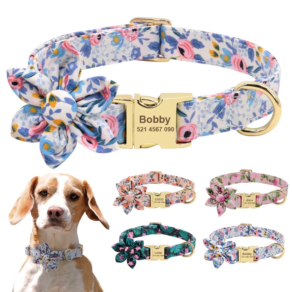 Custom Engraved Dog Collar Personalized Nylon Dogs ID Tag Collars Pretty Flower Dog Necklace Accessories Pet Supplies