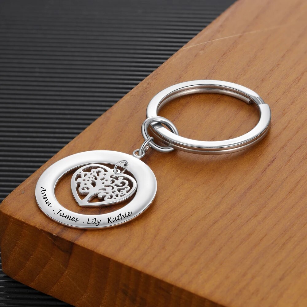 JewelOra Personalized Stainless Steel Tree of Life Engrave Name Key Chain Customize Family Names Keychains for Men Women Jewelry