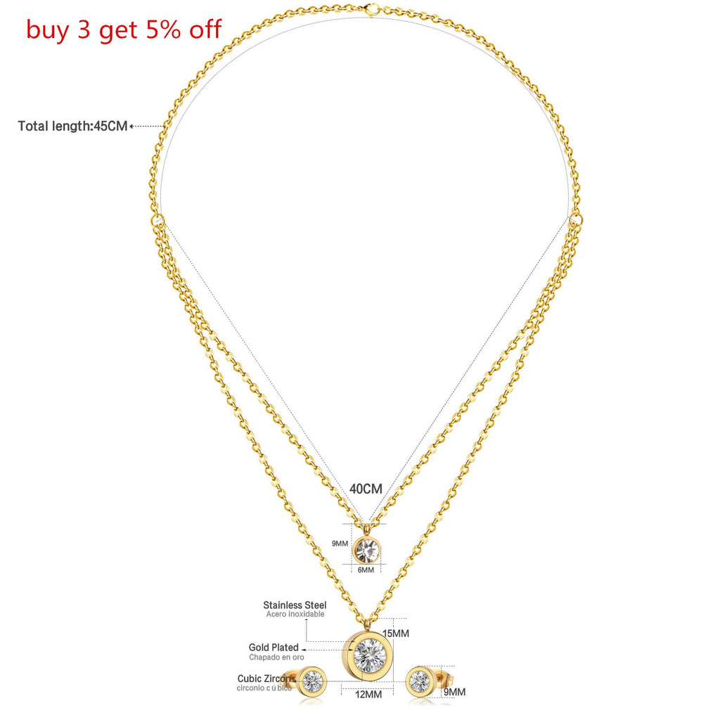 Stainless Steel Crystal Jewelry Set for Women and Girls: Luxury Double Round Pendant Necklace and Earrings.