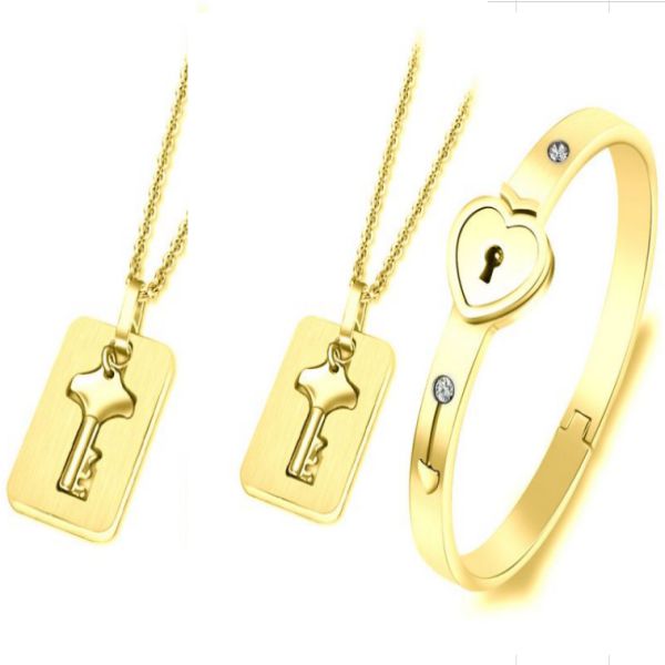 A Couple Lovers Jewelry Love Heart Lock Bracelet Stainless Steel Bracelets Bangles Key Pendant Necklace Jewelry