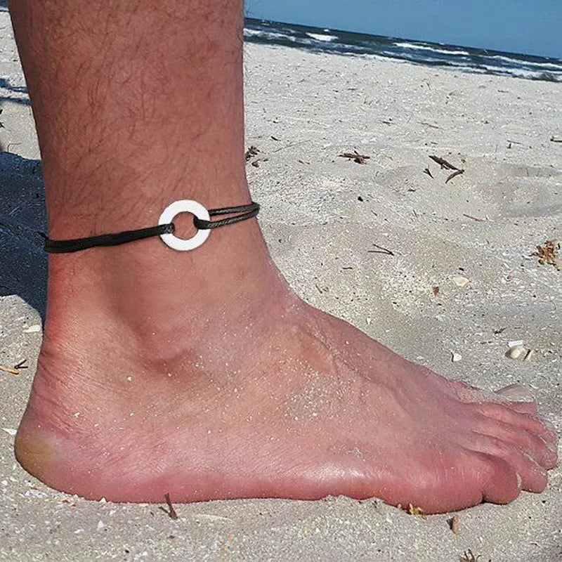 CIRCLE CHARM ROPE ANKLETS FOR MEN BLACK ROPE WITH SILVER COLOR CIRCLE ADJUSTABLE BRACELET UNISEX JEWELRY