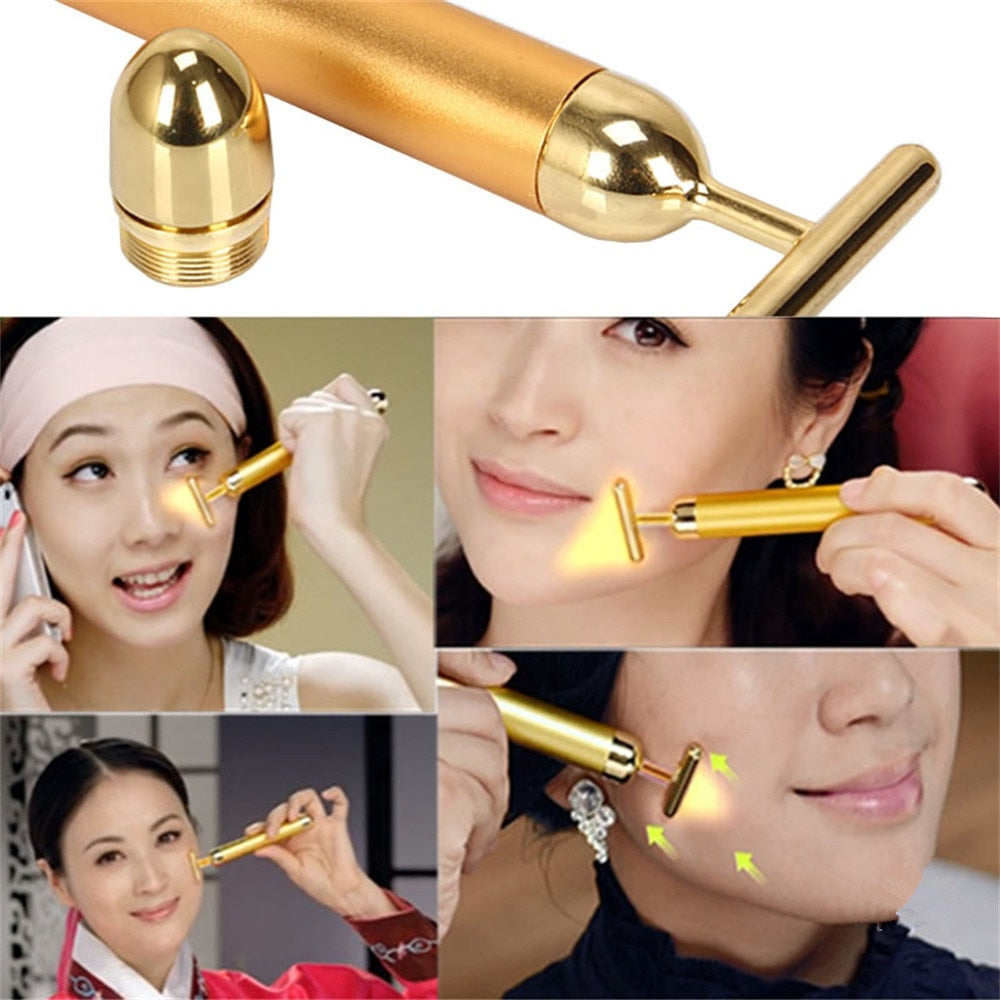 24K Gold Roller Vibrating Facial Massager Slimming Facial Skin Beauty Bar Pulse Firming Face Massage Lift Tightening Wrinkle Bar