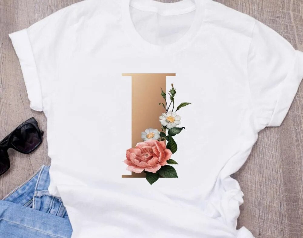 High-Quality Custom Personalized Name Letter (O) Combination T-Shirt for Women with Floral Alphabet Design in Short Sleeves.