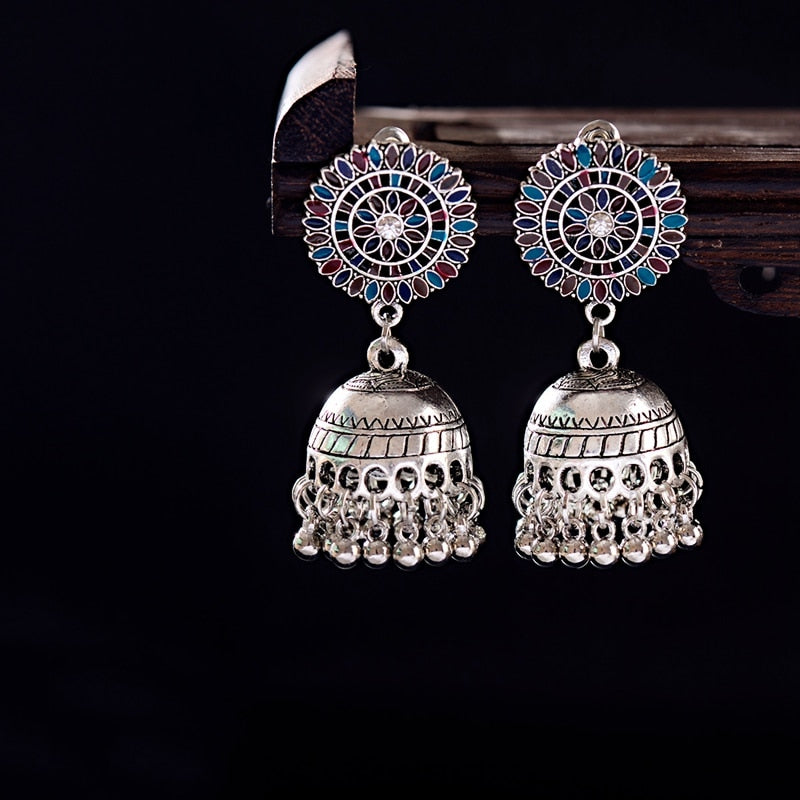 Ethnic Hollow Flower Turkish Jhumka Earrings For Women Vintage Indian Jewelry Silver Color Bell Tassel Dangling Earrings