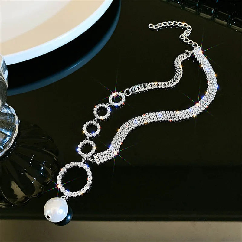 FYUAN Geometric Circle Rhinestone Choker Necklaces for Women Clavicle Chain Pearl Pendant Necklaces Weddings Jewelry Party Gifts