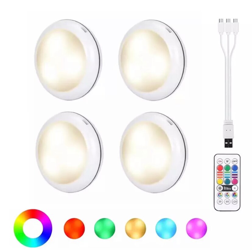 USB Rechangeable RGBW LED Cabinet Light Puck Light 16 Colors Remote Under Shelf Kitchen Counter Lighting Night Lamp