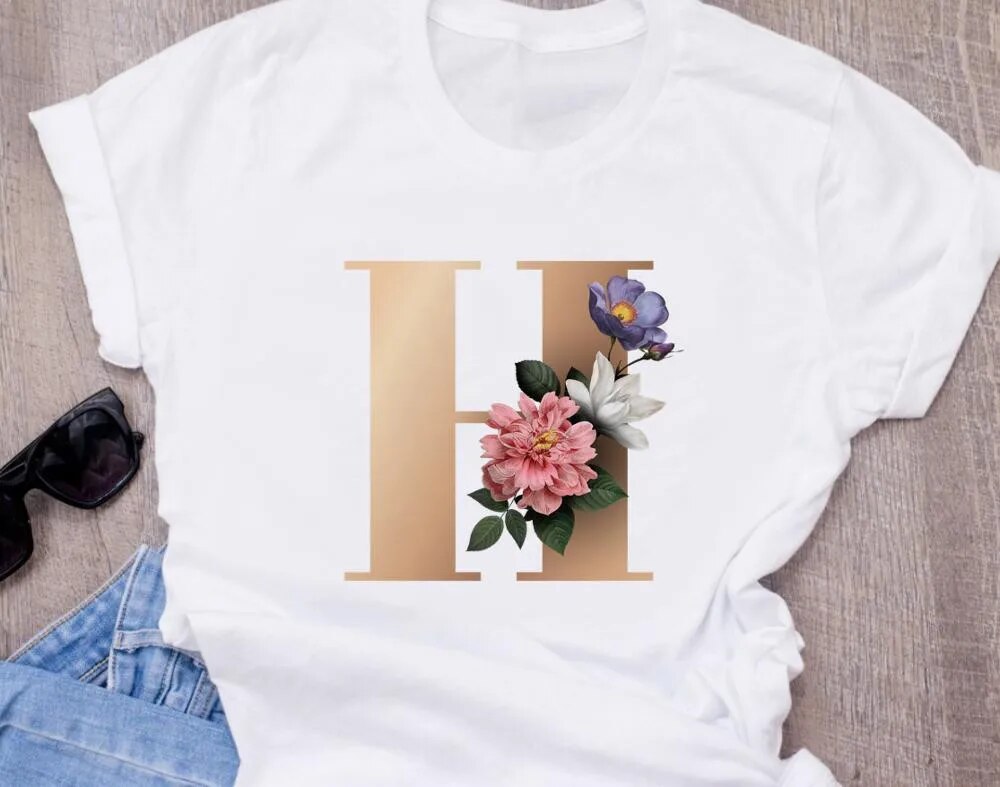 High-Quality Custom Personalized Name Letter (O) Combination T-Shirt for Women with Floral Alphabet Design in Short Sleeves.