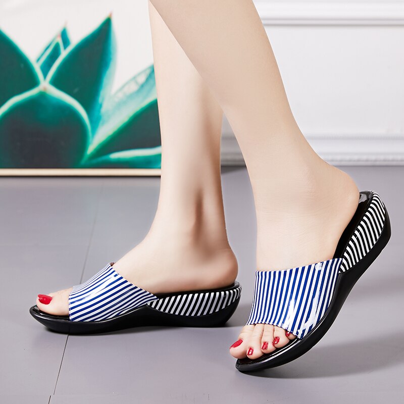 GKTINOO Women Slipper's 2023 Ladies Summer Slippers Shoes Women Wedges Heels Striped Fashion Summer Shoes Geuine Leather