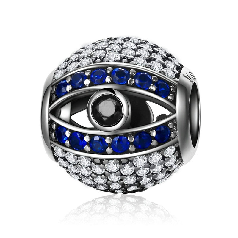 BISAER 925 Sterling Silver Vintage Blue Demon Eye Charm Bead Hand of Fatima Pendant Fit Woman Original Bracelet Fine DIY Jewelry