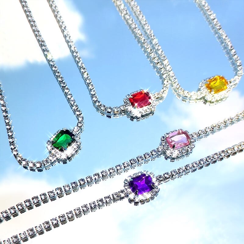 FLatfoosie Multicolor Square Rhinestone Pendant Necklace for Women Shiny Crystal Clavicle Chain Fashion Jewelry Party Gifts