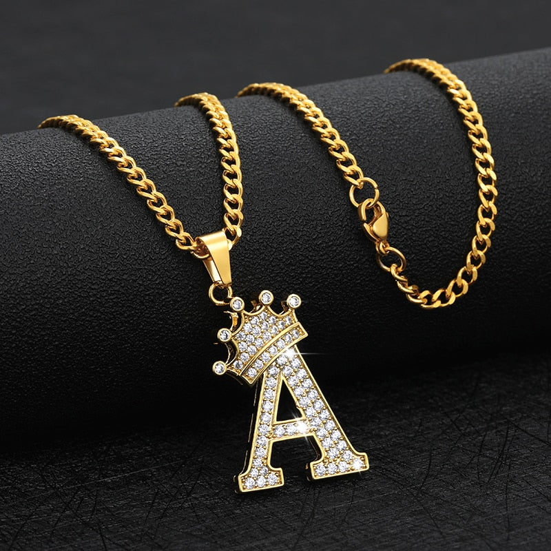 Crystal Zircon Alphabet Pendant Necklaces For Women Men Crown Initial Letter Necklace Hip Hop Chain Jewelry Collier Bijoux