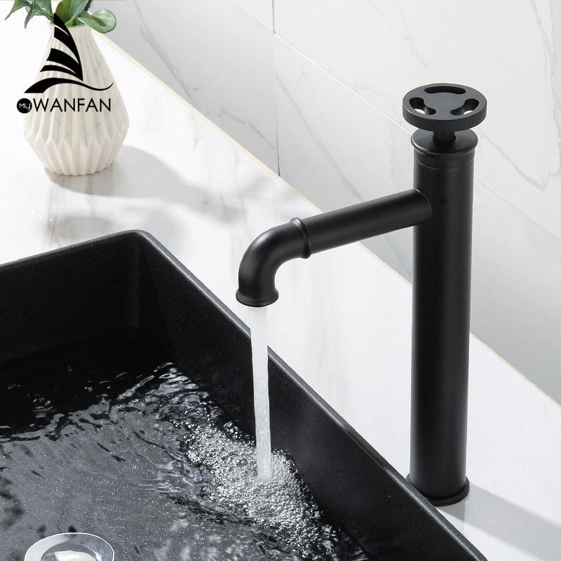 Basin Faucets Retro Industrial Style Matte Black Brass Crane Bathroom Faucet Hot and Cold Water Mixer Tap torneira WF-F20A03R