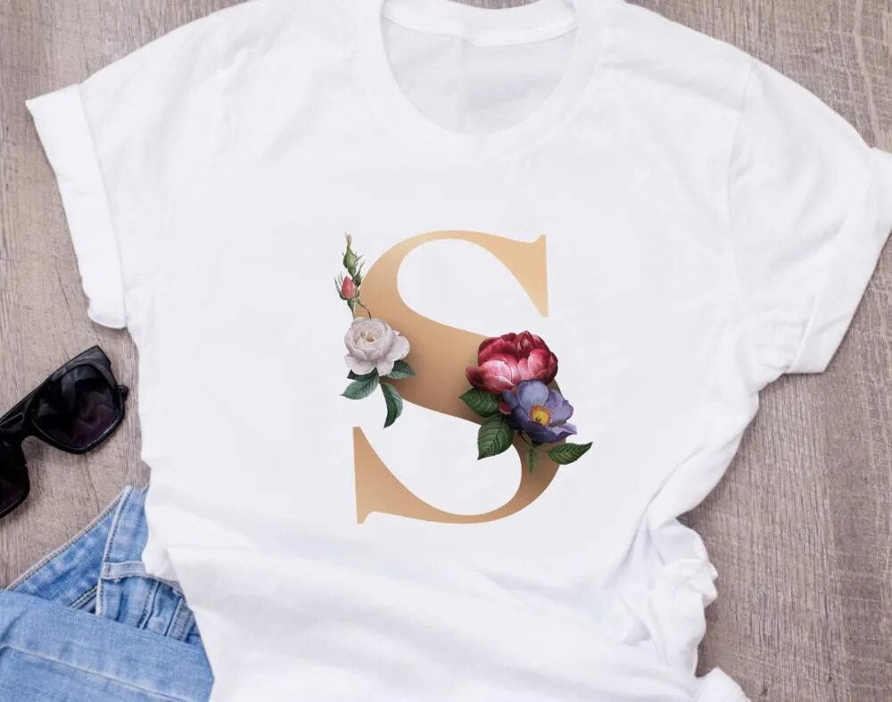 High-Quality Custom Personalized Name Letter (O) Combination T-Shirt for Women with Floral Alphabet Design in Short Sleeves.