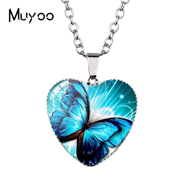 New Arrival Purple Blue Colorful Butterflies with Flower Heart Handcraft Jewelry Pendants Magical Butterfly Heart Necklace HZ3