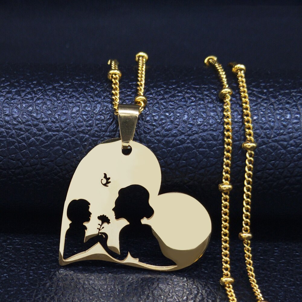 Love Heart Baby Mom Stainless Steel Necklace Women Gold Color Statement Necklaces Mother&#39;s Day Gift Jewelry dia de la madre N913