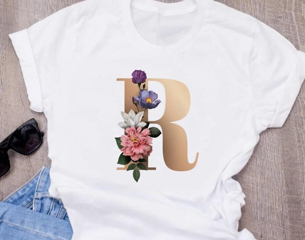 High-Quality Custom Personalized Name Letter (O) Combination T-Shirt for Women with Floral Alphabet Design in Short Sleeves.