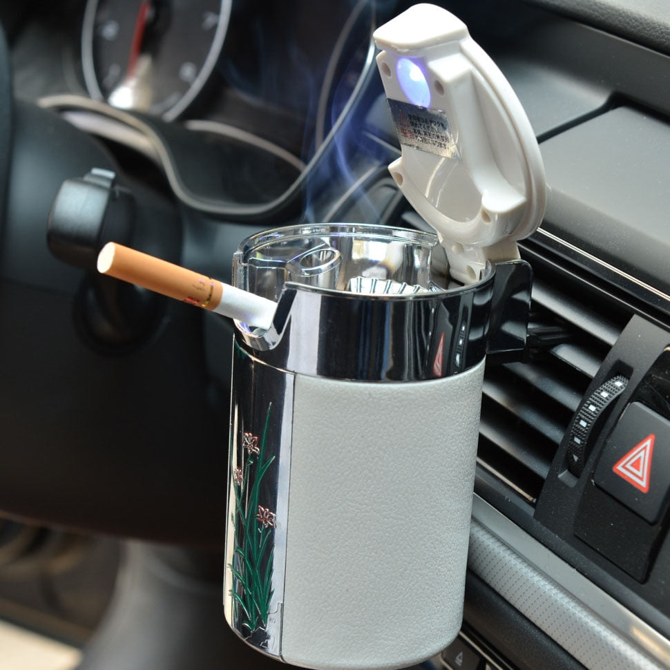 CHIZIYO Portable LED Light Ashtray Universal Cigarette Cylinder Holder Carbon Fiber Car Ashtray