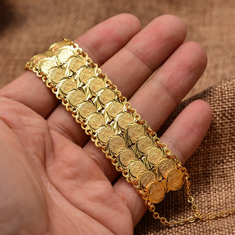 Gold Color Coins Bangles & Bracelets For Women Islamic Design Arab Middle Eastern Jewelry African Gifts.