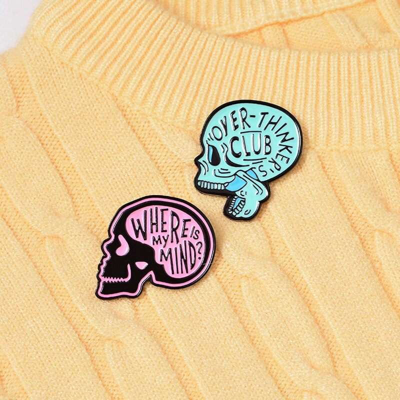 Overthinking Skull Enamel Pin Where is my mind Badge Anatomy Skull Skeleton Anxiety Jewelry Brooches Lapel Pin