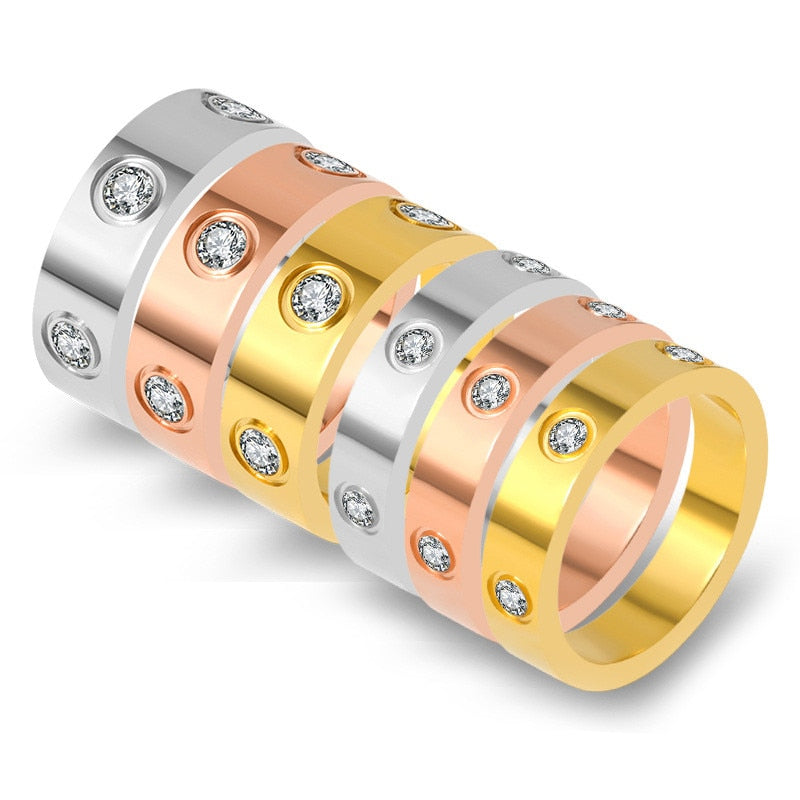 Trendy Stainless Steel Rose Gold Color Love Ring for Women Men Couple CZ Crystal Rings Luxury Brand Jewelry Wedding Gift KK050