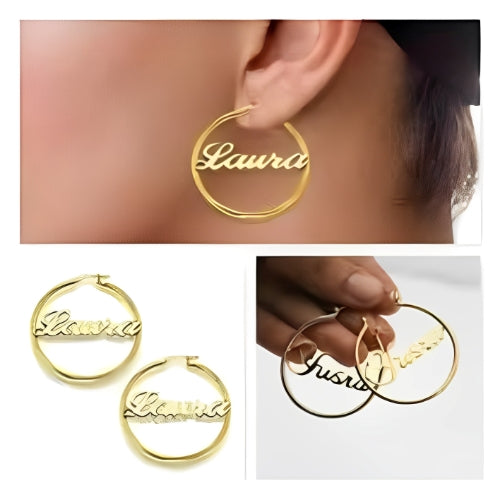 Hoop Earrings Centered Name High Quality Gold earring.