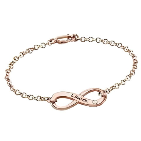 Infinity Design Engraved Customized Name Gold Plated Bracelet Decorated with a piece of Zircon