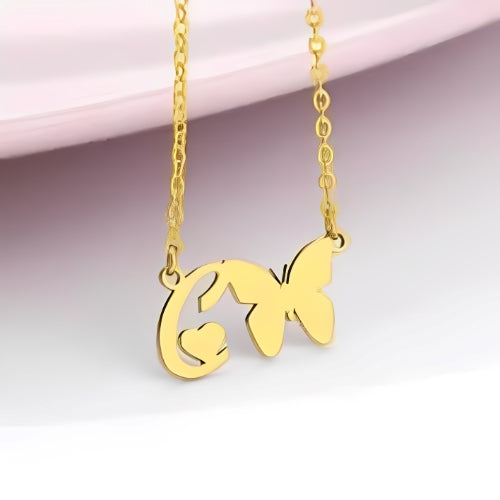 LETTER PERSONALISED PENDANT DECORATED WITH BUTTERFLY HEART DESIGN.