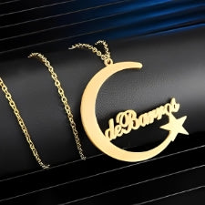 MOON PERSONALISED NAME GOLD PLATED PENDANT DESIGNED WITH STARS.