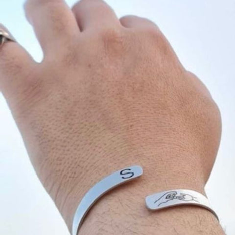 Men Women  Silver Bangle Braclet with Ring Customized name with massage or date or drawing. Your choice.