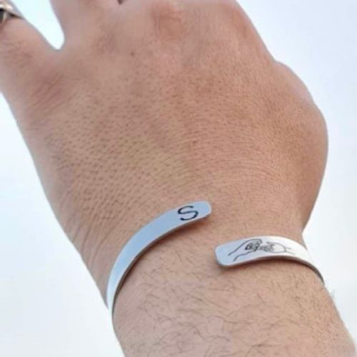 Men Women  Silver Bangle Braclet with Ring Customized name with massage or date or drawing. Your choice.