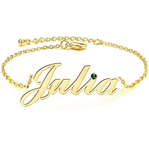 Name Customized Bracelet Gold Plated with Green BirthStone