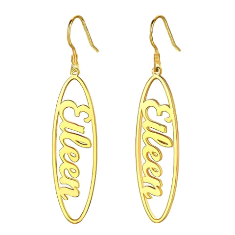 Oval Shape Special Font Customized Name Dangling Earings of High Quality Gold Plated.