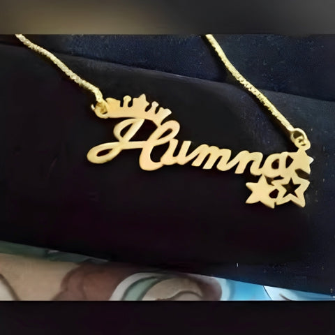 PERSONALIZED NAME GOLD PLATED PENDANT DESIGNED WITH CROWN & STARS.