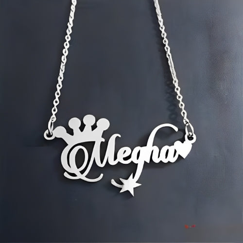 PERSONALISED NAME SILVER PENDANT DESIGNED WITH CROWN, HEART & STARS