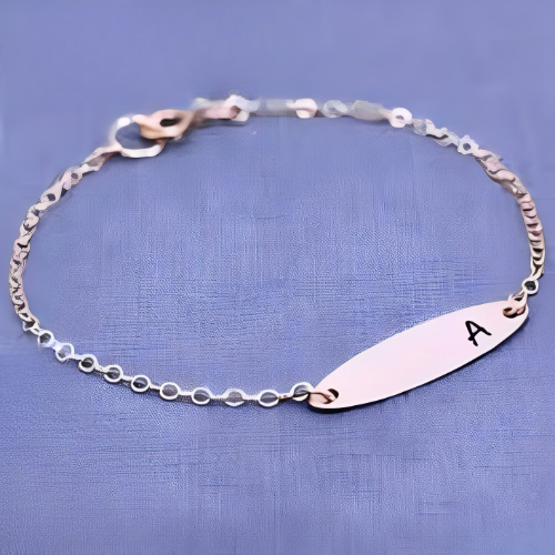 Pure Silver Oval Shape Anklet Bracelet Costum Ingraved Initial Letter.