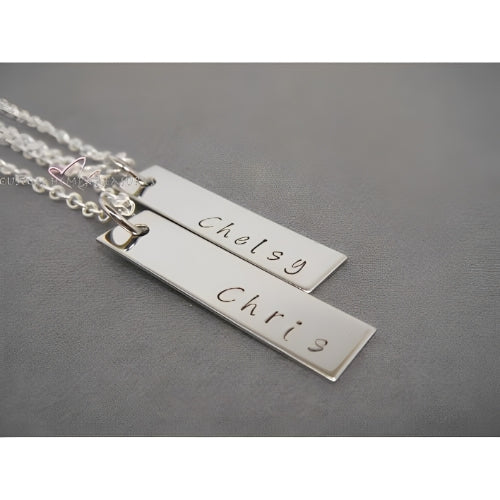 Rectangle-Custom-Name-Personalised-Engraved-Nameplate-Necklace-Silver- 2 Pendants-2Necklaces