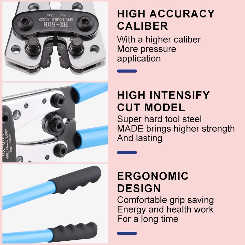 Crimping Pliers 6-50mm²/AWG 10-0 Tube Terminal Crimper Hex Crimp Tool Multitool Battery Cable Lug Cable Hand Tools HX-50B