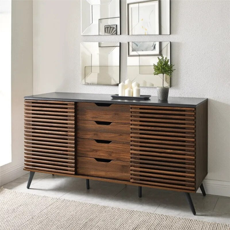 Modern Two Toned Sliding Slat Door Sideboard, Ebony/Dark Walnut