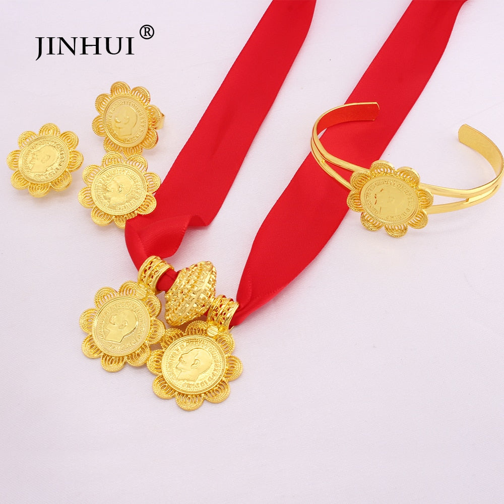 Ethiopian Luxury Jewelry sets Gold plated Earrings Ring Bangle Pendant Red Rope Chain for Women Eritrean African Bride Wedding