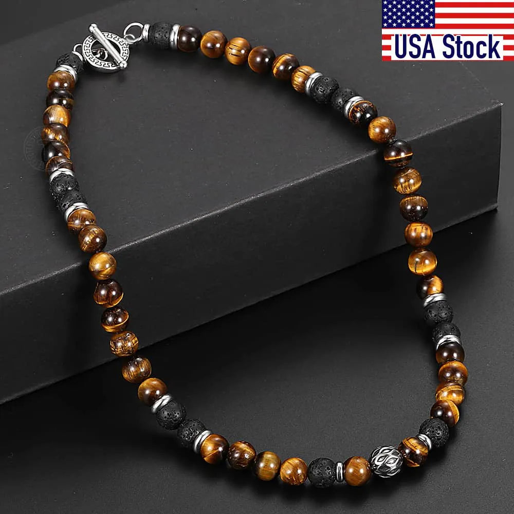 8mm Natural Stone Tiger Eyes Lava Bead Necklace Stainless Steel Beaded Charm Choker Neck Chain Fashion Male Jewelry 18/20inch