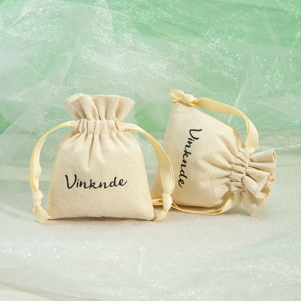 100pcs Nature Cotton Jewelry Bags Grosgrain Ribbon Drawstring Pouch Custom Logo Earring Bracelet Dice Dust Bag Wedding Gift Bag