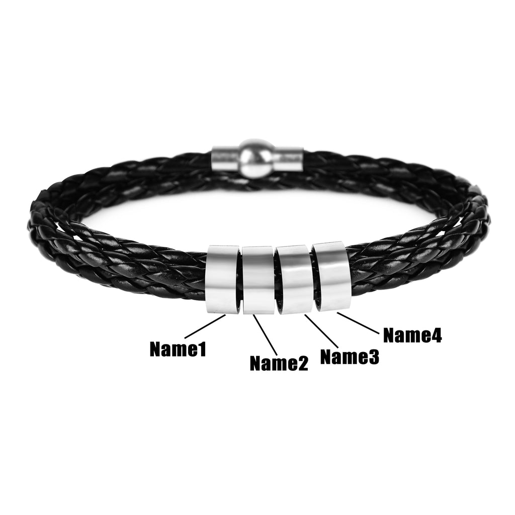 Personalized Mens Braided Genuine Leather Bracelet Stainless Steel Custom Beads Name Charm Bracelet for Men with Family Names