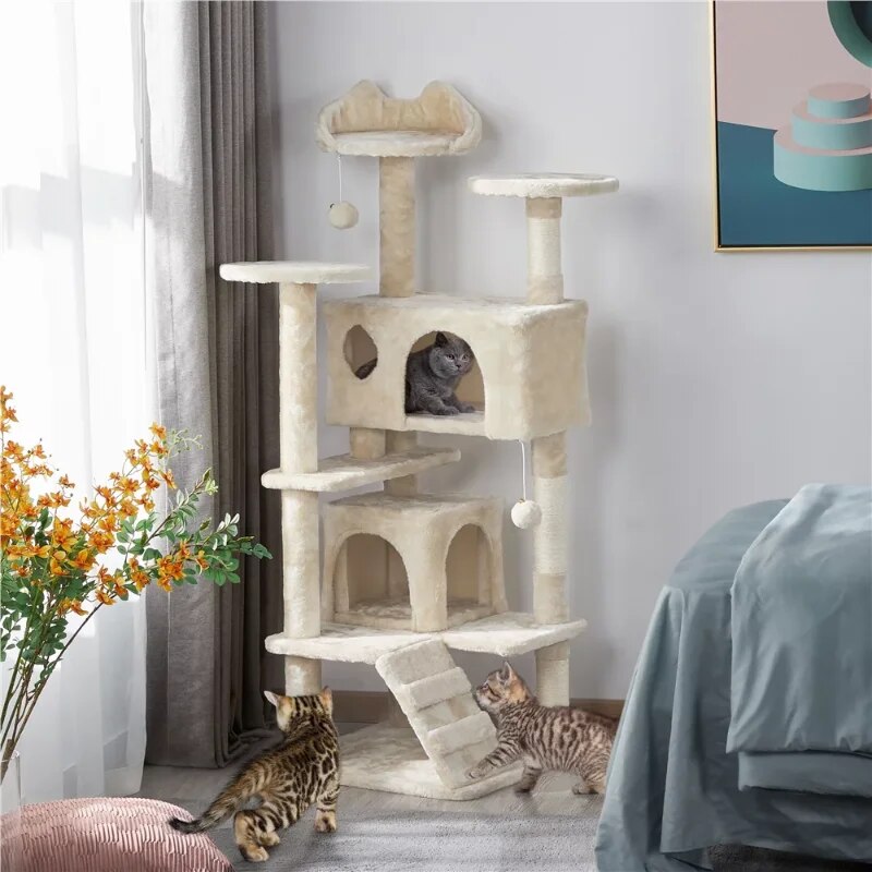 Easyfashion Cat Tree Tower Condo Scratching Post Kitten Furniture,（Beige/Brown  /Navy Blue）