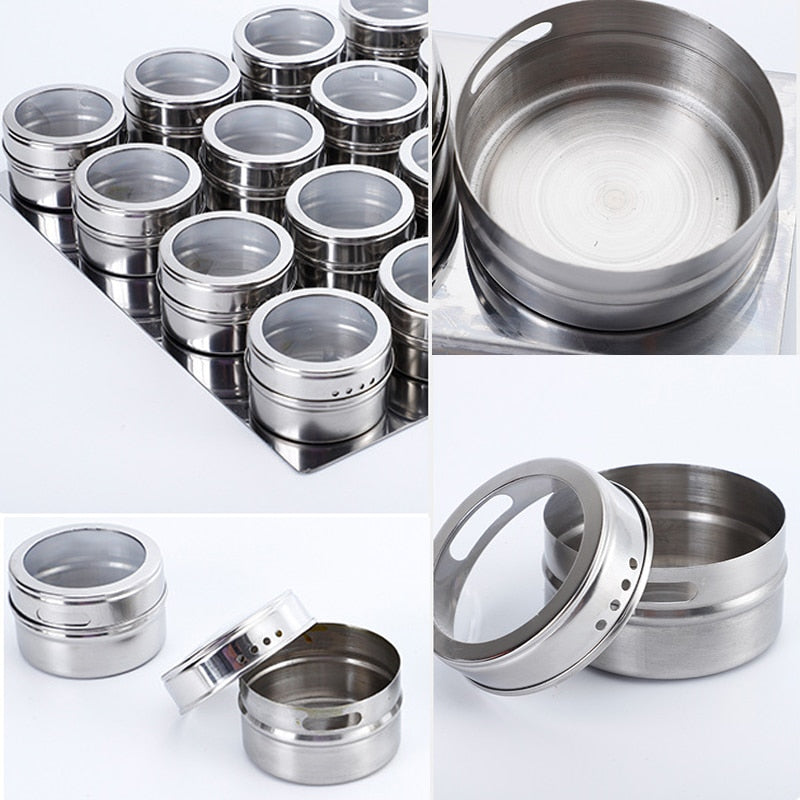 Magnetic Spice Jar Stainless Steel Seasoning Pot Set Household Condiment Bottle Magnetic Tank Rack with Stickers Kitchen Tools