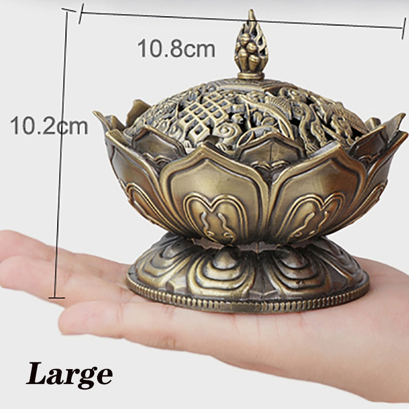 ERMAKOVA Lotus Flower Chinese Buddha Alloy Metal Incense Burner Incense Holder Handmade Censer Bowl Buddhist Home Decoration