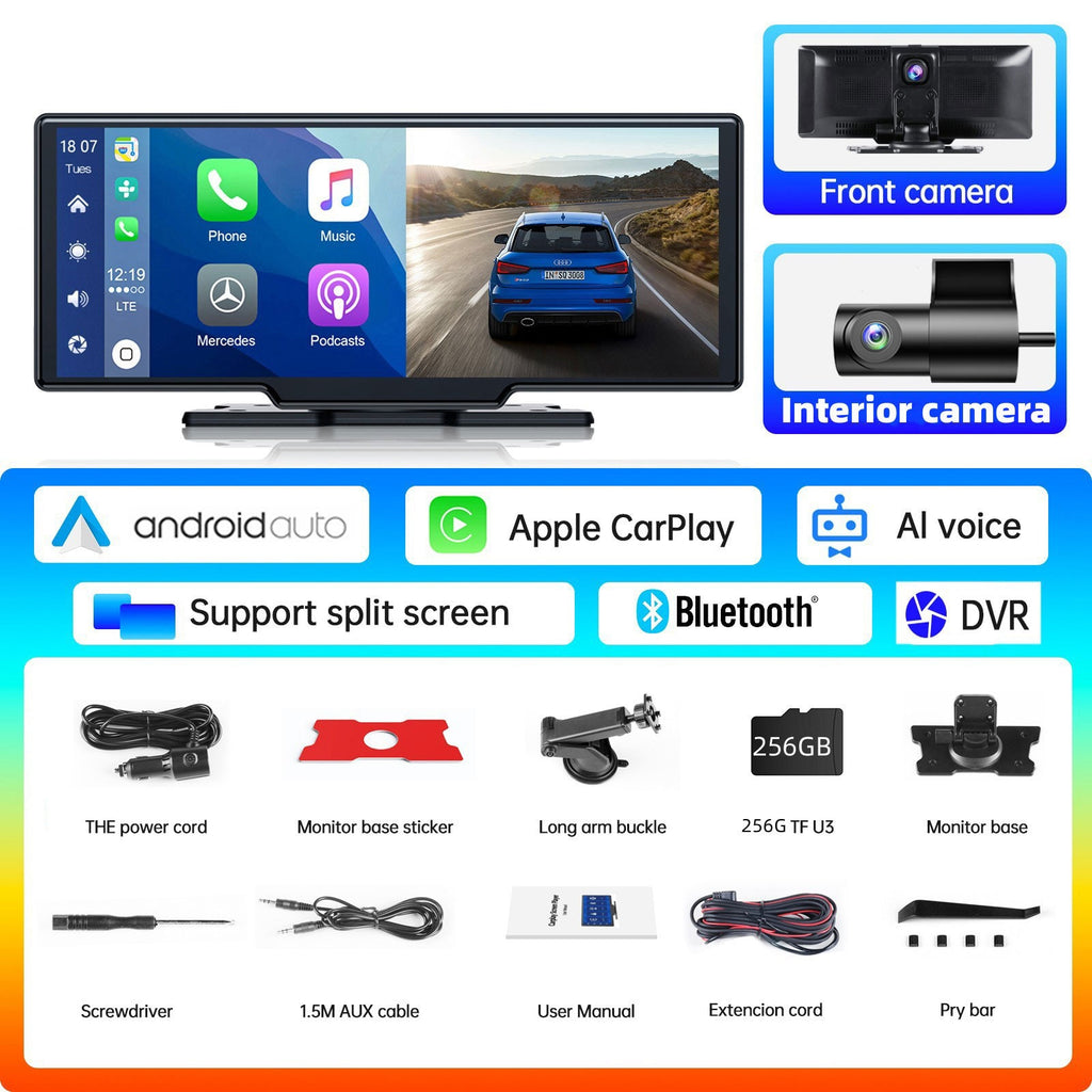 TOGUARD 10inch Dual Lens Wireless Carplay Screen Player Android Auto Car Stereo DVR Recorder Dashboard WiFi GPS Rearview Camera